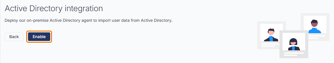 Active Directory integration page with the Enable button highlighted.