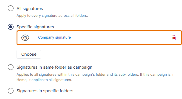 Signature options with Specific signatures selected and Company signature listed with a red delete icon.