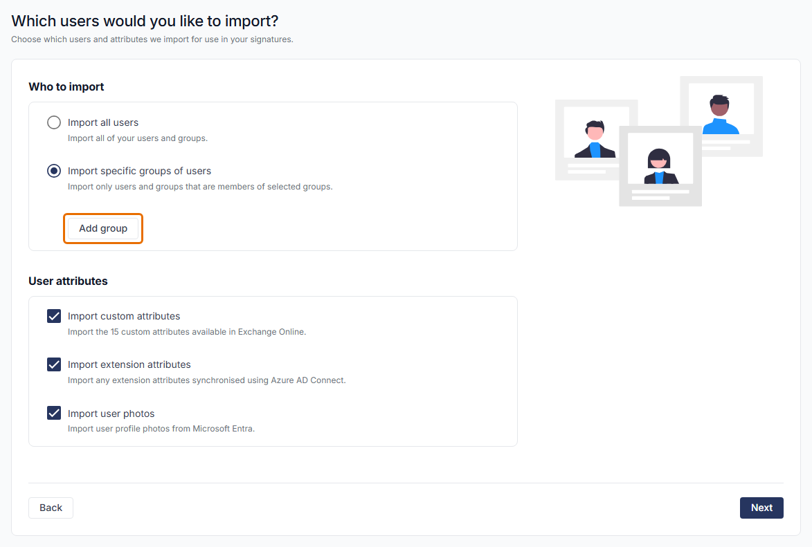 The Which users would you like to import step with Import specific groups of users selected and the Add group button highlighted.