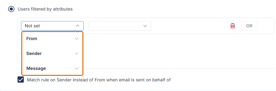 Users filtered by attributes selected, with the attribute list open showing From, Sender and Message.