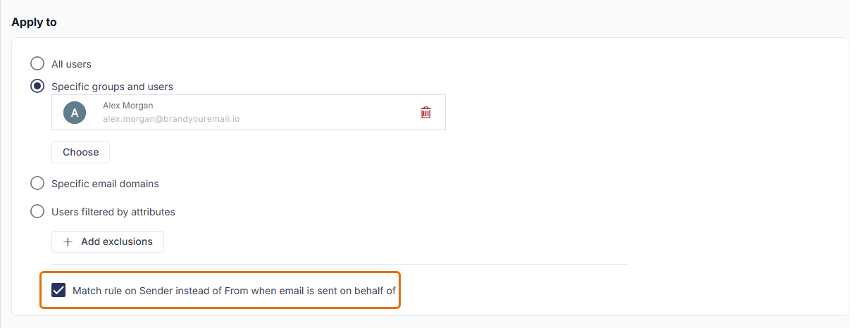Apply to section with Specific groups and users selected for Alex Morgan and the Match rule on Sender instead of From when email is sent on behalf of checkbox highlighted and ticked.