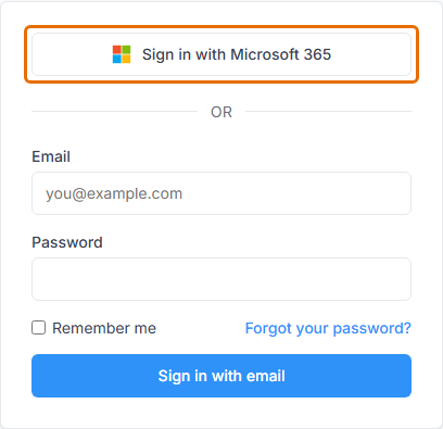 Signature 365 sign-in page with the Sign in with Microsoft 365 button highlighted above the email and password fields.