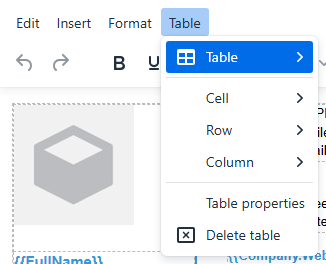 Signature 365 template editor Table menu showing Table, Cell, Row, Column, Table properties and Delete table options.