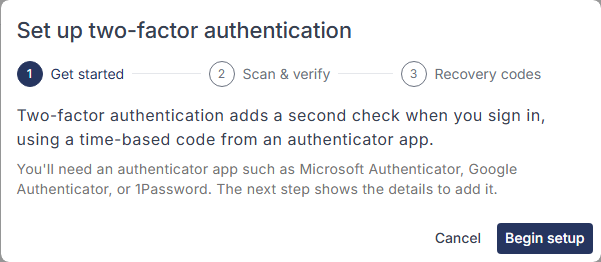 Set up two-factor authentication window on the Get started step, with Cancel and Begin setup buttons.