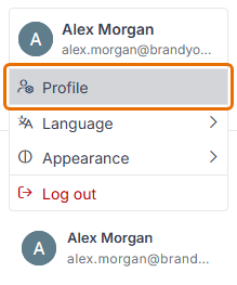 User menu showing Profile highlighted above Language, Appearance and Log out.