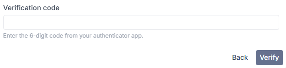 Verification code field with Back and Verify buttons.